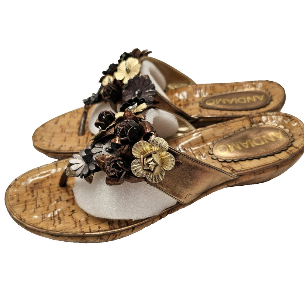 Andiamo Sandals Women Sz 8.5 Slide New Floral Bronze Black Cork Look Metallic - Picture 2 of 11